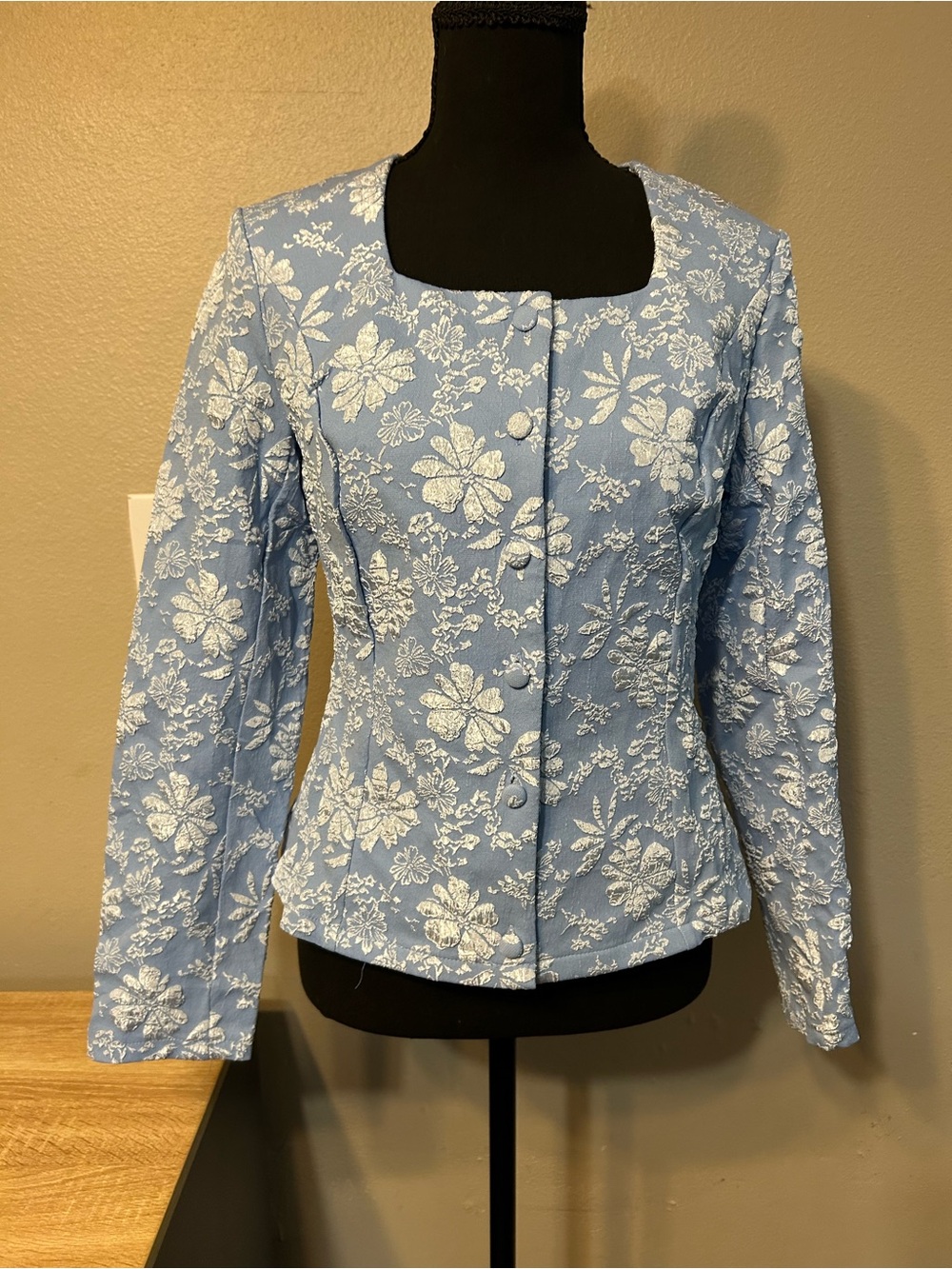 Women’s Small Blue White Floral Jacquard Fitted Jacket Square Neck Y2K